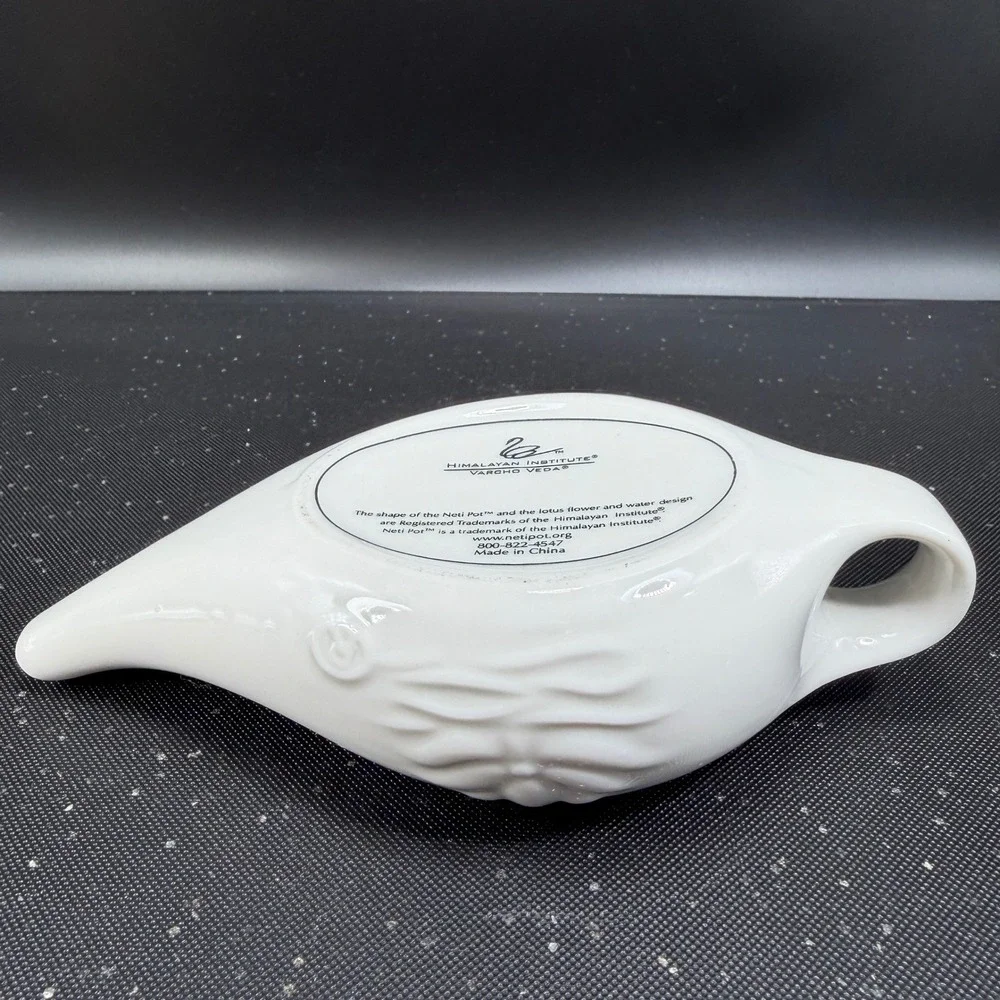 Himalayan Institute Varcho Veda Ceramic Neti Pot White Lotus Flower Design 7in